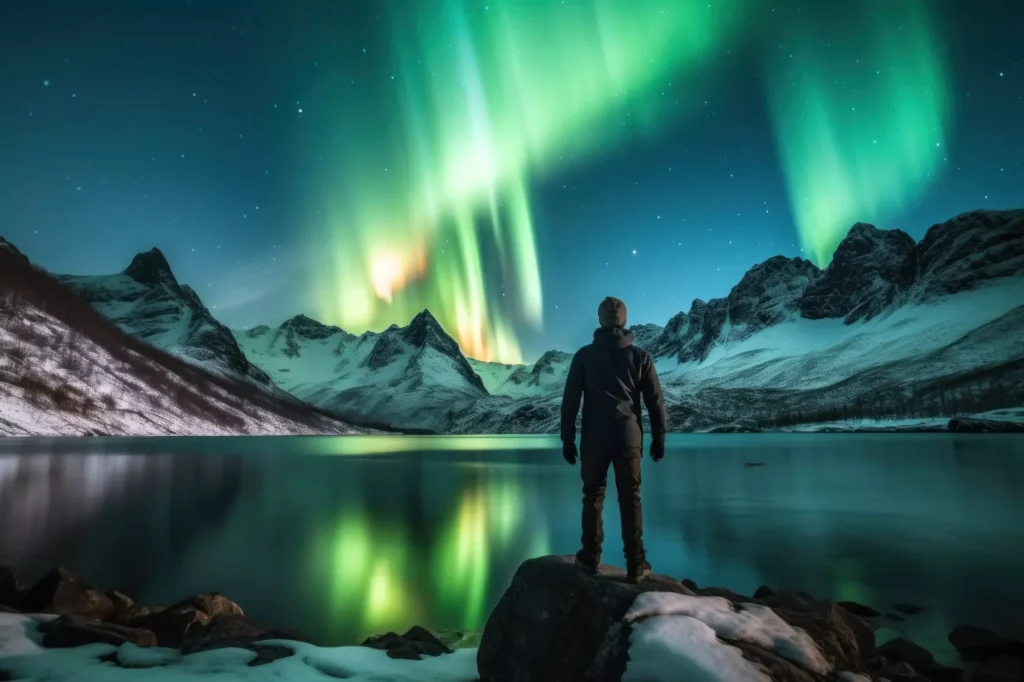 Backpackers See the Northern Lights Lofoten Islands Norway Northern Lights Mountains and Frozen Ocean Winter landscape at night. Travel to Norway. Generative AI.
