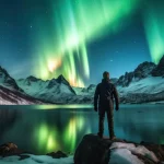 Backpackers See the Northern Lights Lofoten Islands Norway Northern Lights Mountains and Frozen Ocean Winter landscape at night. Travel to Norway. Generative AI.