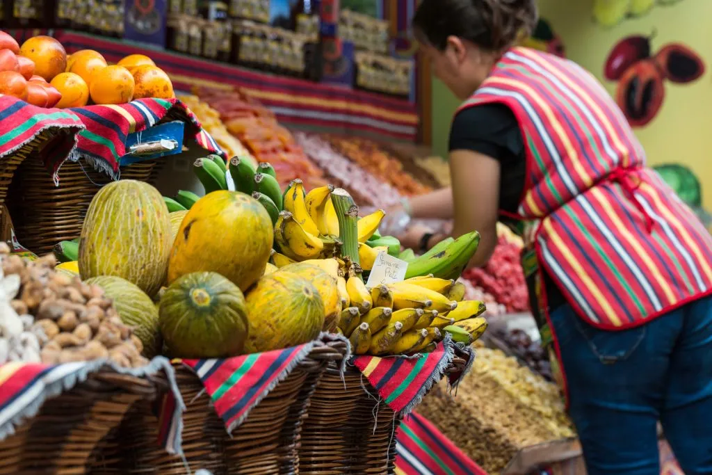 Fresh exotic fruits in Mercado Dos Lavradores. Funchal, Madeira,
