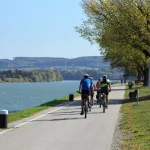Group of people riding bicycles along the Danube river on the famous cycling route Donauradweg. Town of Ybbs an der Donau, Lower Austria, Europe.