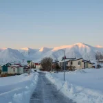 Winter day in the village on island of Hrisey in Iceland