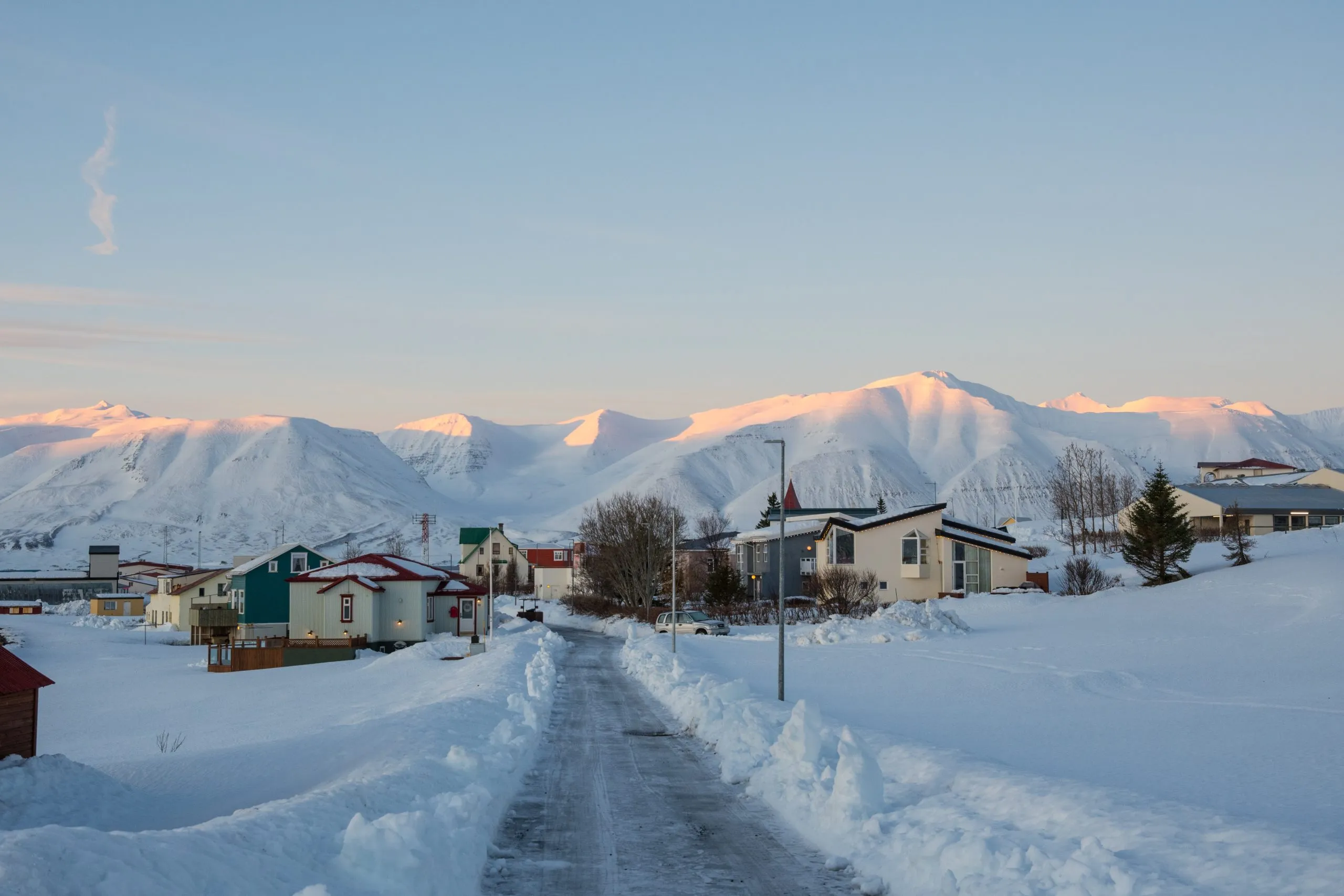 Winter day in the village on island of Hrisey in Iceland