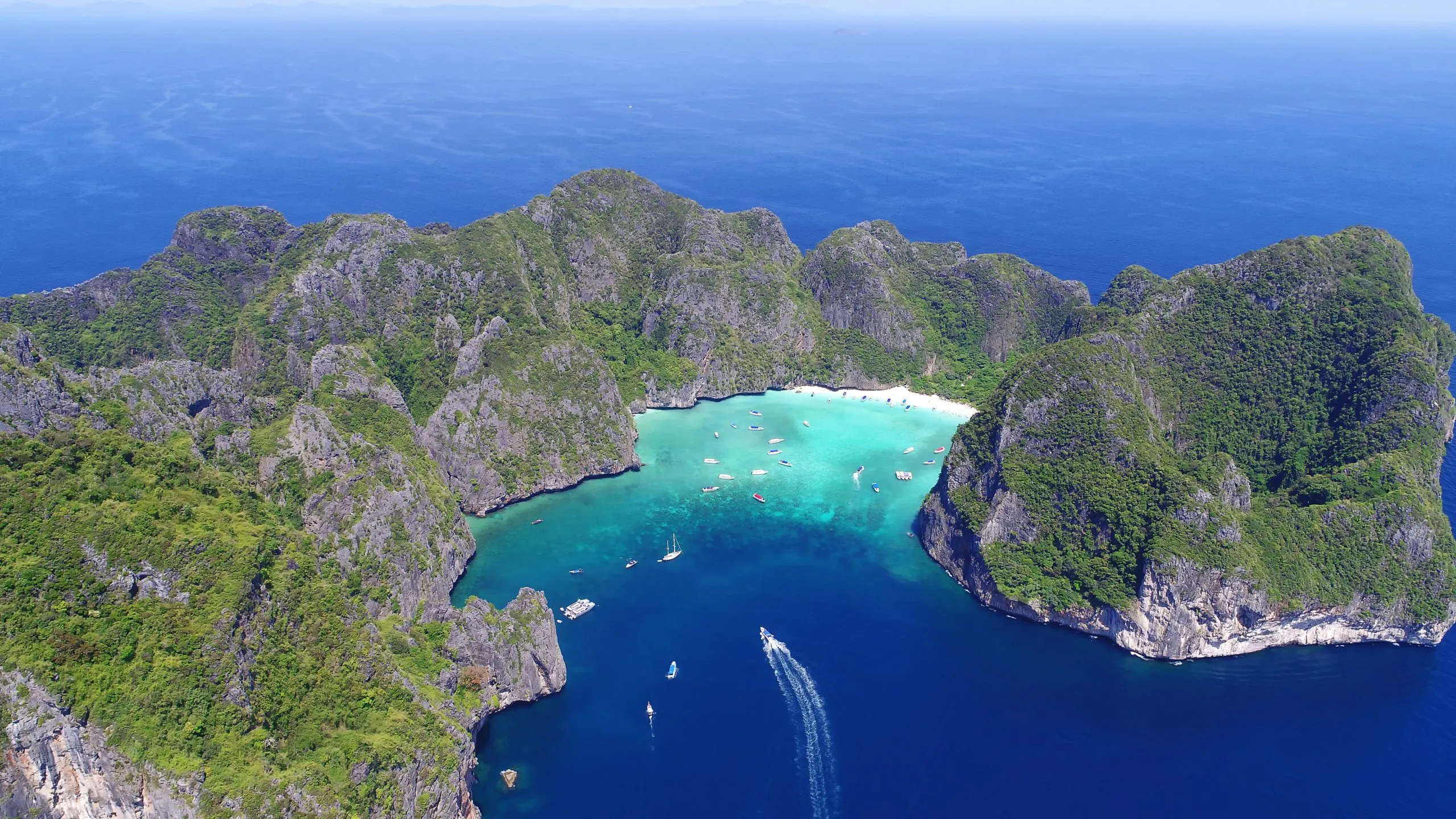 Top View Tropical Island , Aerial view of Maya bay ,Phi-Phi Islands, Krabi, Thailand.