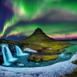 Northern Light, Aurora borealis at Kirkjufell in Iceland. Kirkjufell mountains in winter.