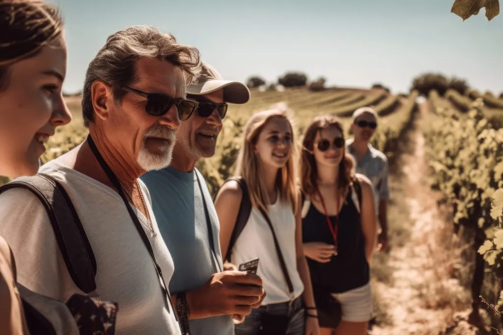 Tour guide Group of multiage tourists visiting and contemplating a winery on an excursion. Generative Ai