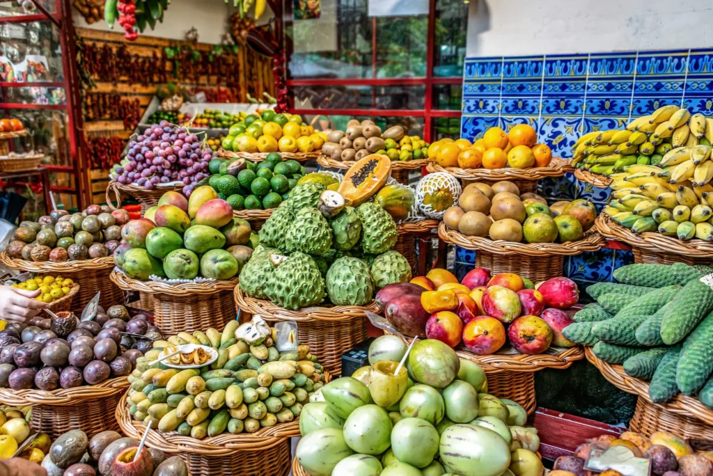Fresh exotic fruits on famous market in Funchal Mercado dos Lavradores Madeira island, Portugal