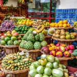 Fresh exotic fruits on famous market in Funchal Mercado dos Lavradores Madeira island, Portugal