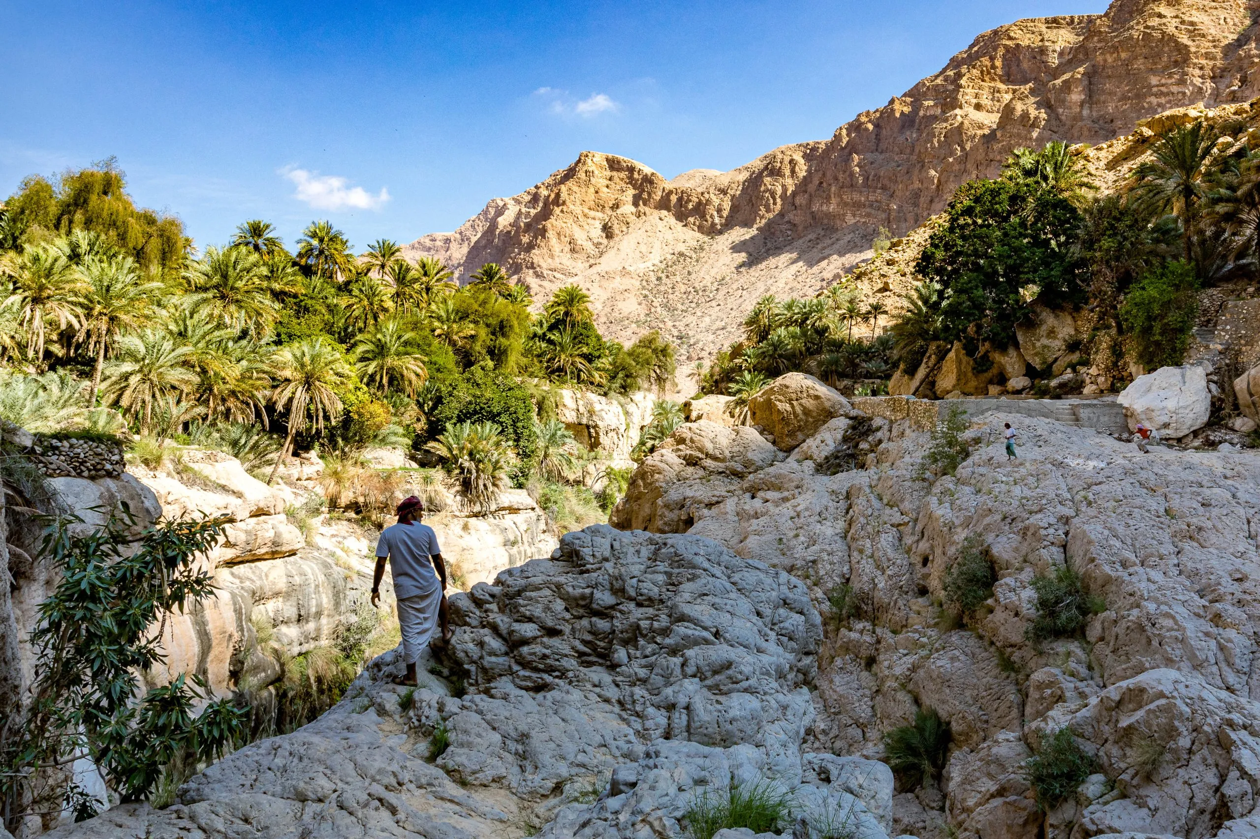 Wadi Shab river canyon, Sultanate of Oman. Natural mountain landscape with green water river and vertical rocky cliffs.